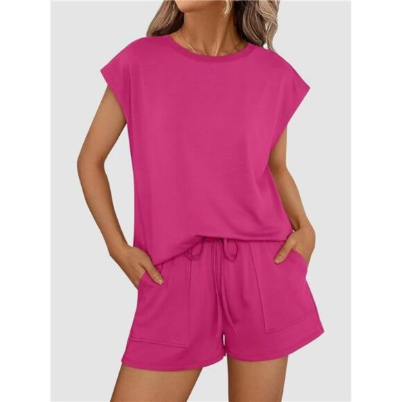Round Neck Cap Sleeve Top and Shorts Set